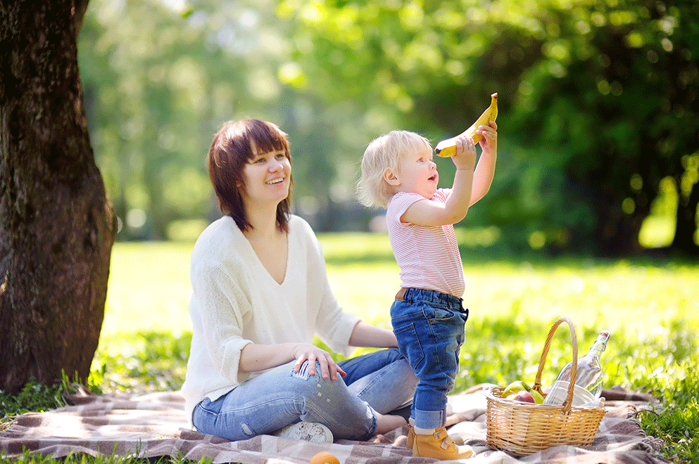 assistante maternelle pic-nic avec un enfant dans un parc